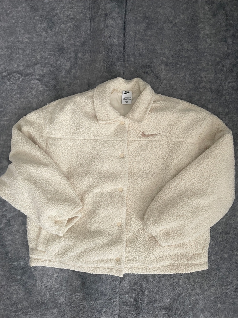 Nike Women's Cream Sherpa Coach Jacket with Subtle Swoosh